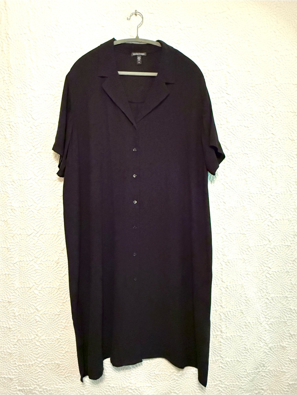 Eileen Fisher 100% Silk Georgette Black Notch Collar Dress, 1X